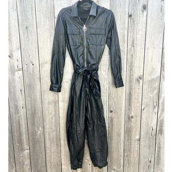Pinko | Bellini Ecological Leather Zip Up Bikercore Moto Jumpsuit Black Size 4 - Picture 2 of 12